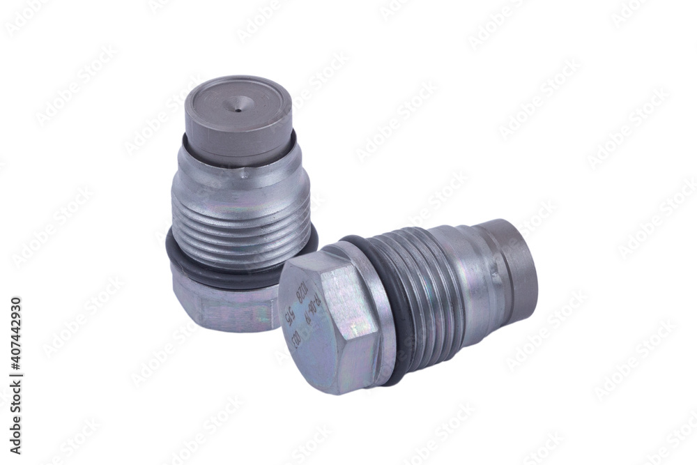 The pressure-limiting valve the fuel rail isolated on white background. The pressure-limiting valve the fuel rail isolated on white background.