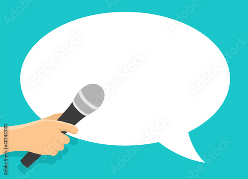 Hand holding microphone with speech bubble