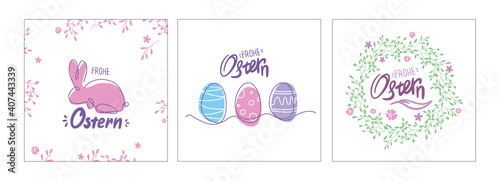 Line art Easter Postcards set. german Ostern card with eggs, bunny and wreath. one line drawing. Colorful spring poster or banner. Frohe Ostern.