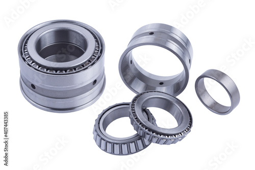 set of truck roller bearings on white background isolated. front and rear view. Part of the car