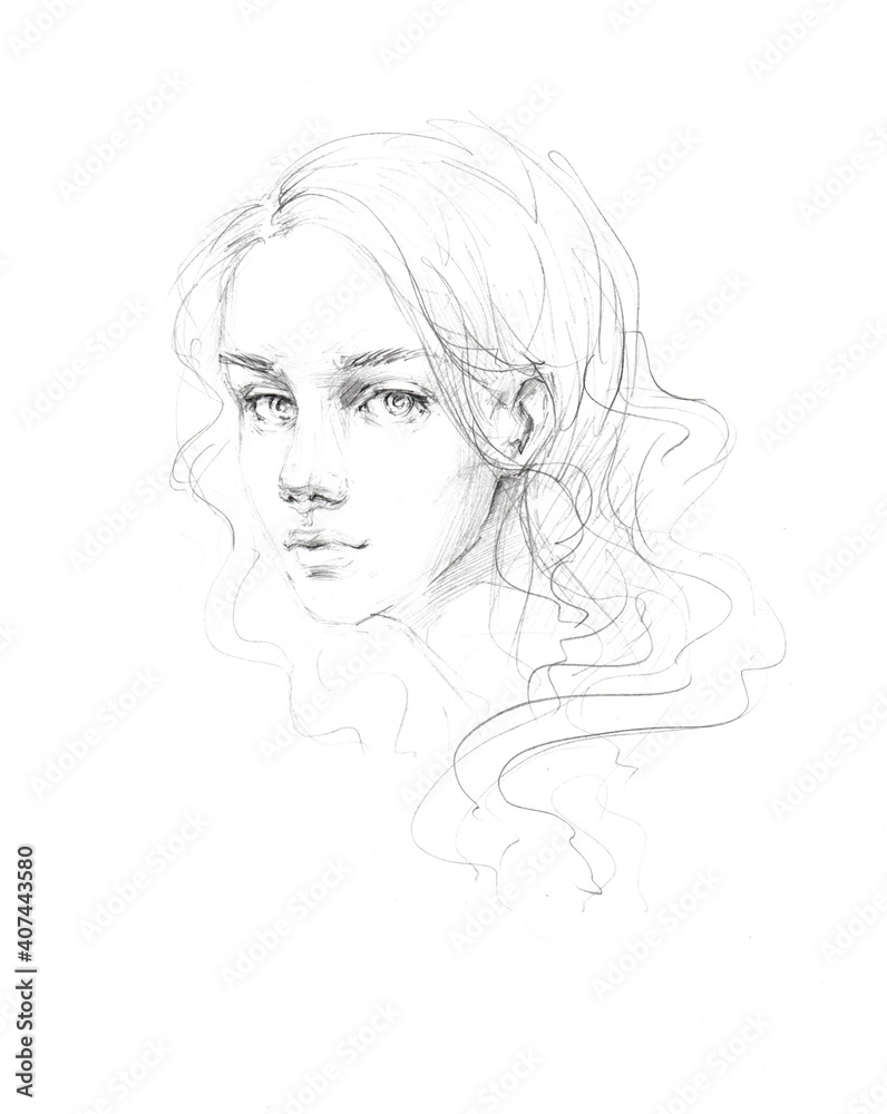 Portrait sketch beautiful young girl cute girl