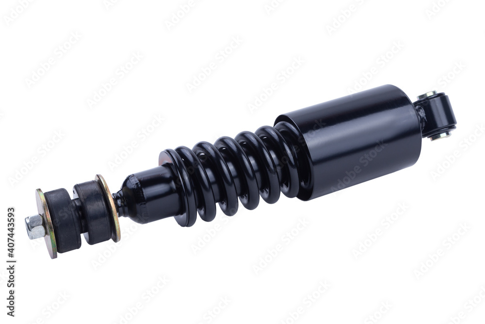 Black shock absorber for trucks on a white background with a cut-off track. Black shock absorber for trucks on a white background with a cut-off track.