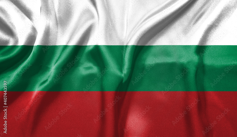 Fototapeta premium Bulgarian flag wave close up. Full page Bulgarian flying flag. Highly detailed realistic 3D rendering