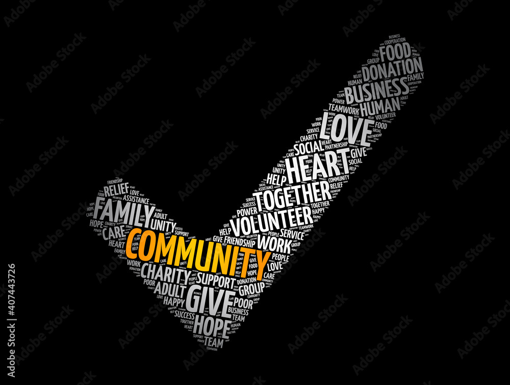 Community check mark word cloud collage, social concept background