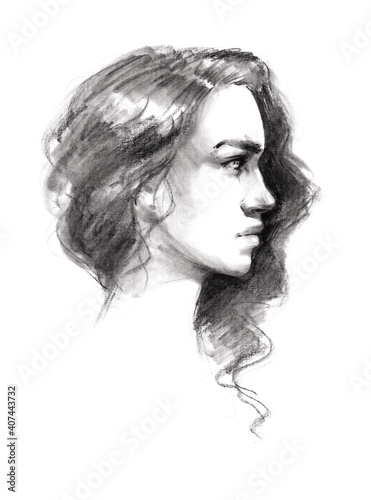 beautiful young girl with curly hair face in profile