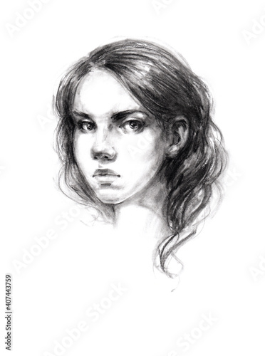 beautiful young girl with dark hair and expressive eyes charcoal sketch