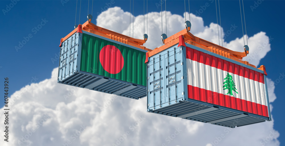 Freight containers with Lebanon and Bangladesh flag. 3D Rendering 