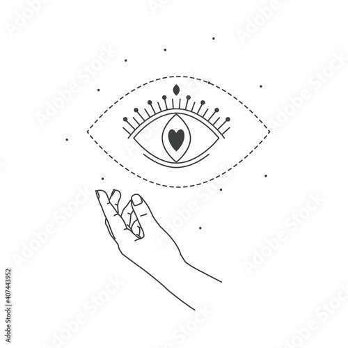 Vector illustration of hand and mystic eye love magic. Line art style. Love boho symbol. Feminine gesture. Mystical eye of providence with heart silhouette inside.