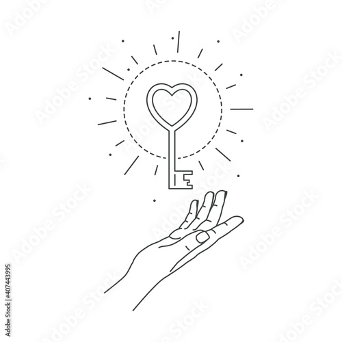 Vector illustration of hand and mystic love key. Line art style. Boho symbol. Feminine gesture. Mystical concept of shining key to love. Valentine's day greeting card design element