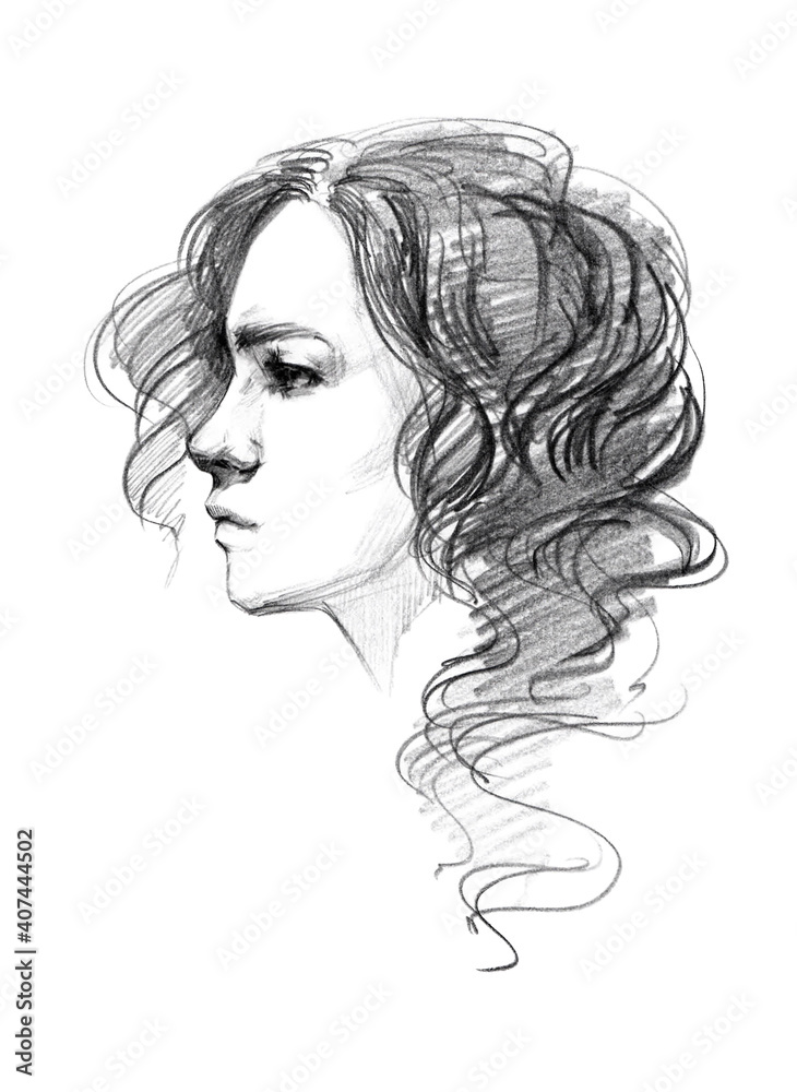 beautiful girl fast pencil drawing cute girl with short curly hair head in profile beautiful girl fast pencil drawing cute girl with short curly hair head in profile