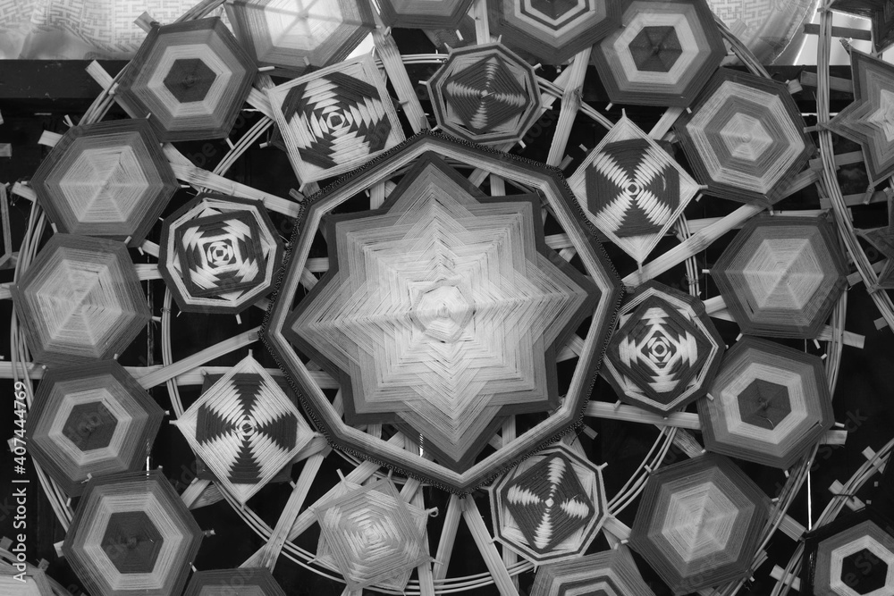 Black and white image with geometric background made from multicolor