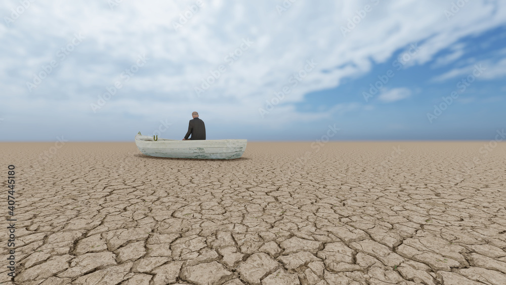 Concept or conceptual desert landscape with a man in a boat as a metaphor for global warming and climate change. A warning for the need to protect our environment and future 3d illustration Concept or conceptual desert landscape with a man in a boat as a metaphor for global warming and climate change. A warning for the need to protect our environment and future 3d illustration