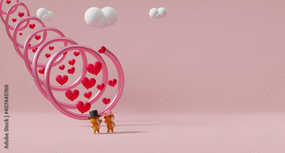 Teddy bear with heart shaped for Valentine's Day background in pink pastel composition ,3d illustration or 3d render ,copy space