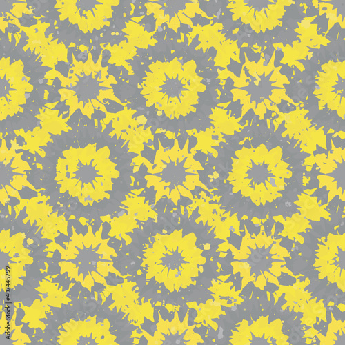 Abstract grunge flowers seamless vector pattern background. Yellow grey geometric backdrop painterly naive florals spatter design. Textured monochrome retro damask style repeat. All over print.