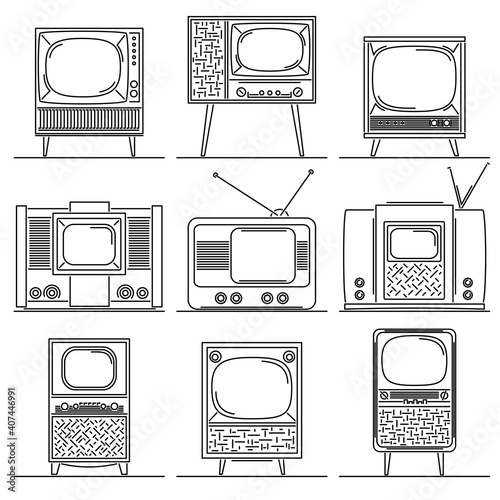 Set of simple vector images of old retro tube TV in a wooden box drawn in art line style.