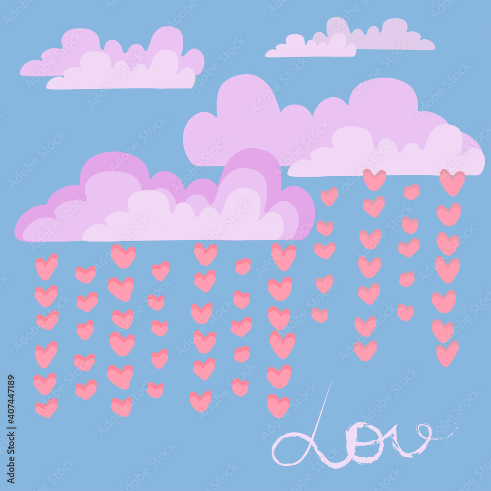 Obraz premium Pink clouds and rain from hearts. Love concept.