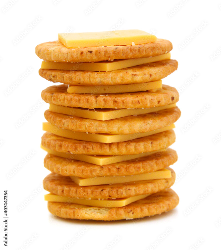 Crackers with cheese on white background