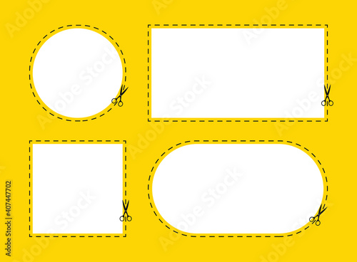 Cut coupon and sticker sign. Scissors cut paper in different shapes. Simple flat design. Vector illustration.