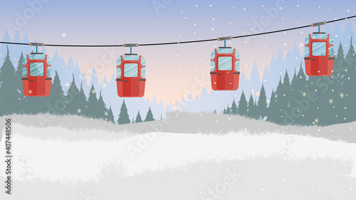 Cable car with trailers in the winter forest. Fabulous snowy forest. Cartoon style. Vector