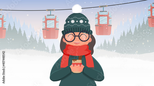 A girl in green clothes is holding a hot drink. Cable car with trailers in the winter forest. Funicular carriage. The forest is with deer and snow. Cartoon style. Vector illustration.