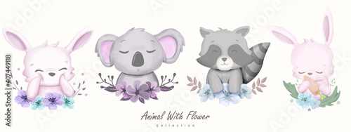 Cute Animal Rabbit Koala Raccoon With Flower Collection