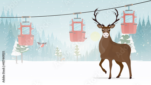 Great horned deer. Cable car with trailers in the winter forest. Funicular carriage. The forest is with deer and snow. Cartoon style. Vector illustration.
