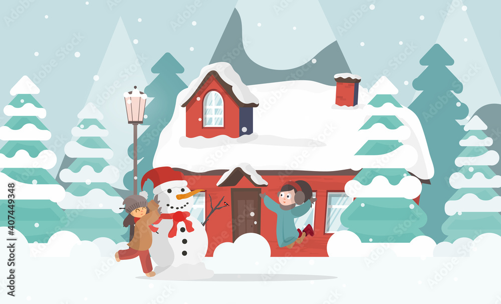 Children make a snowman in the yard. House, trees, mountains, snow and winter. Vector.