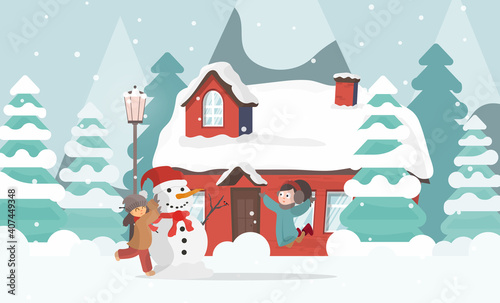 Children make a snowman in the yard. House, trees, mountains, snow and winter. Vector. © Javvani