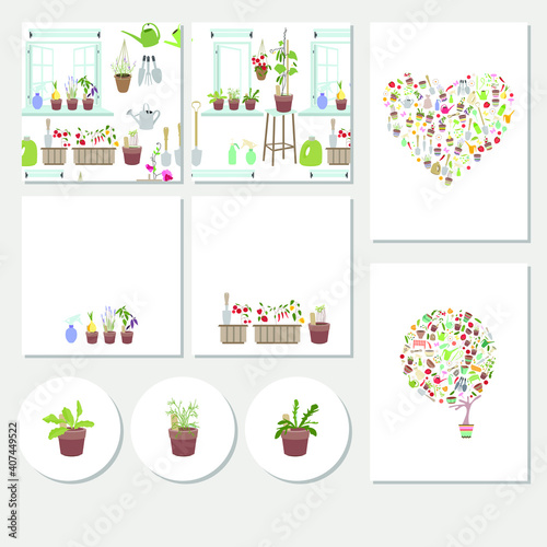 Set with different templates with growing flowers and vegetables. Cards for your design