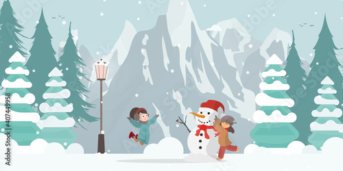 Children sculpt a snowman in a snowy forest with trees and mountains. Vector.