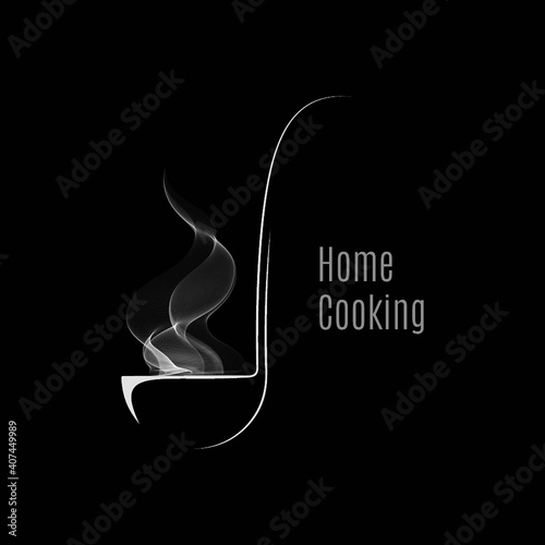 Ladle dark logo. Ladle of hot soup with steam. Home cooking on  black background