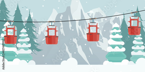 Picture of red ropeway cabines with forest and mountain on background, flat style illustration