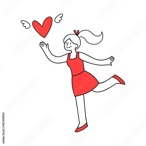 Doodle style girl in red outfit running after heart symbol with wings. Hand-drawn illustration for valentine's day, love emotion concept. Isolated vector line art for social media, card, web banner.