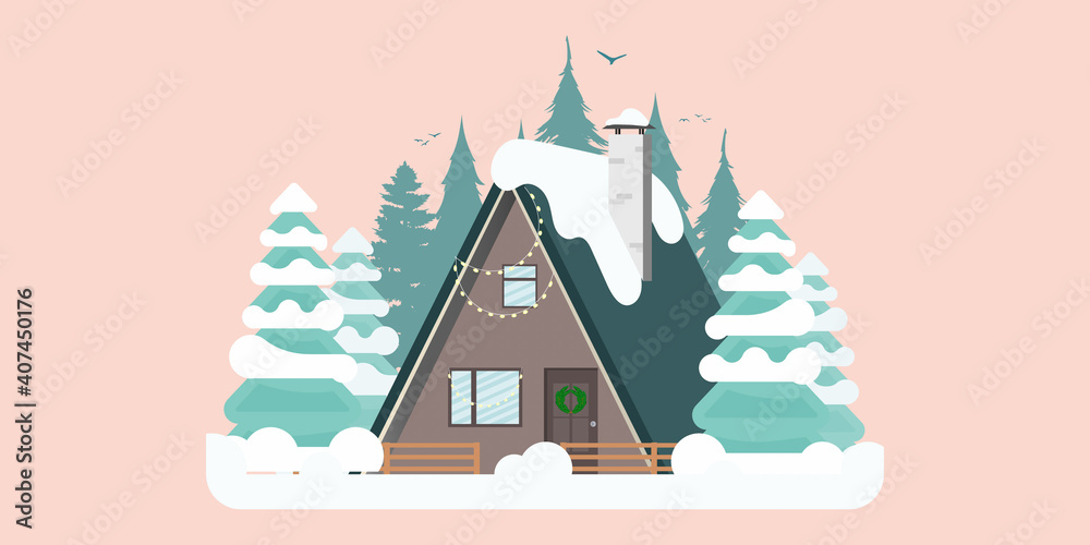 Concept House in a snowy forest with mountain views. Vector.