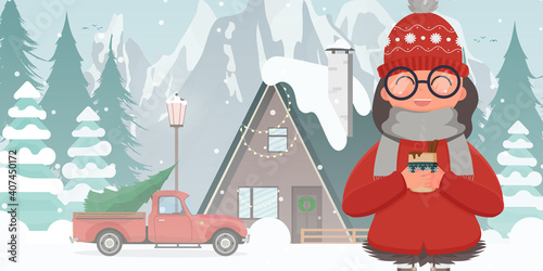 House in a snowy forest. Red car with a Christmas tree. Girl with a hot drink. Christmas trees, mountains, snow. Flat cartoon style. Vector illustration.