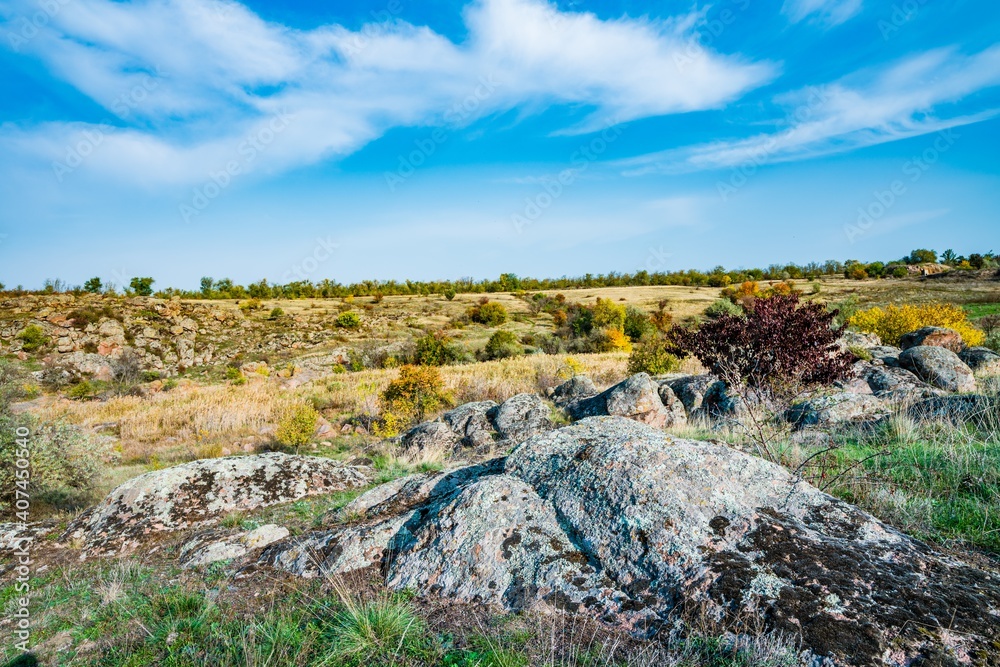 Huge deposits of stone minerals in a clearing bathed in warm sun