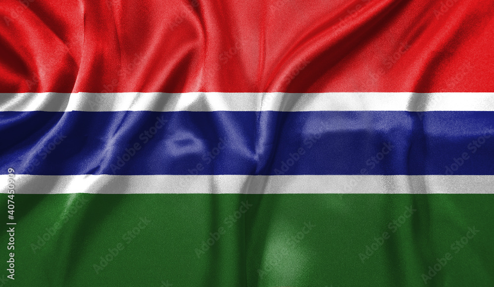 Gambia flag wave close up. Full page Gambia flying flag. Highly detailed realistic 3D rendering