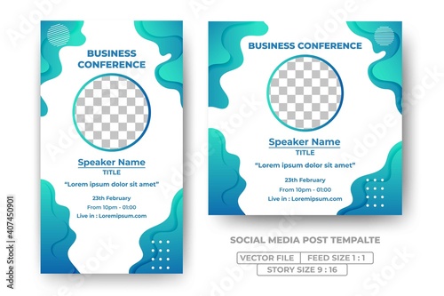 Set of Editable square banner template. Business conference event banner design with abstract waves decoration. Usable for social media feed, story, and banner. Flat design vector with a photo collage