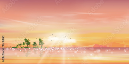 Morning Pink  Orange sky at Ocean Tropical on Island Panoramic Sea beach with coconut palm tree and sunrise chining on water Vector beautiful nature of Seaside landscape in evening