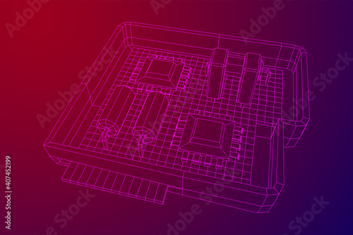 Circuit board in case. Electronic computer components motherboard. Semiconductor microchip, diode. Hardware parts. Wireframe low poly mesh vector illustration.