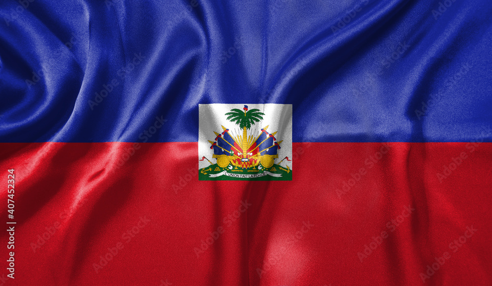 Haiti flag wave close up. Full page Haiti flying flag. Highly detailed realistic 3D rendering Haiti flag wave close up. Full page Haiti flying flag. Highly detailed realistic 3D rendering