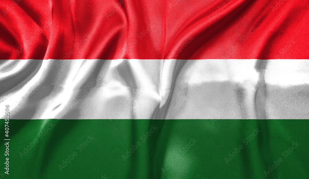 Hungary flag wave close up. Full page Hungary flying flag. Highly detailed realistic 3D rendering
