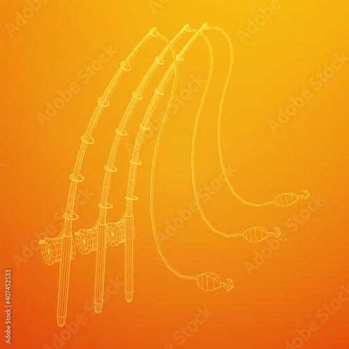 Fishing rod with line sinker and hook. Wireframe low poly mesh vector illustration.