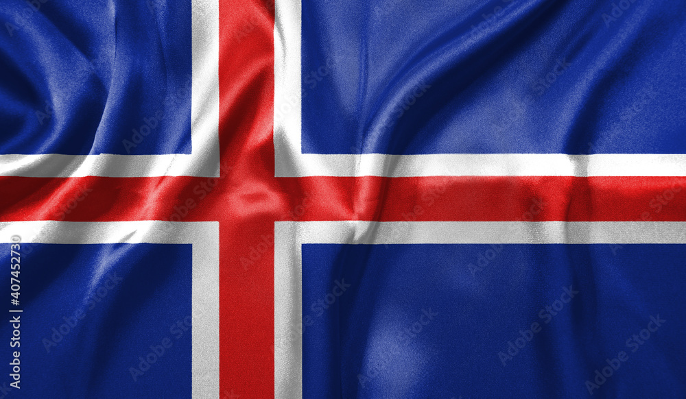 Fototapeta premium Iceland flag wave close up. Full page Iceland flying flag. Highly detailed realistic 3D rendering