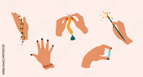 A set of vector images of hands and crafts related to needlework in an abstract style, ideal for social networks, postcards, prints, stickers.