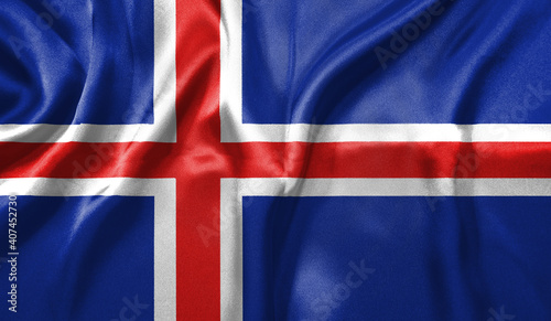 Iceland flag wave close up. Full page Iceland flying flag. Highly detailed realistic 3D rendering