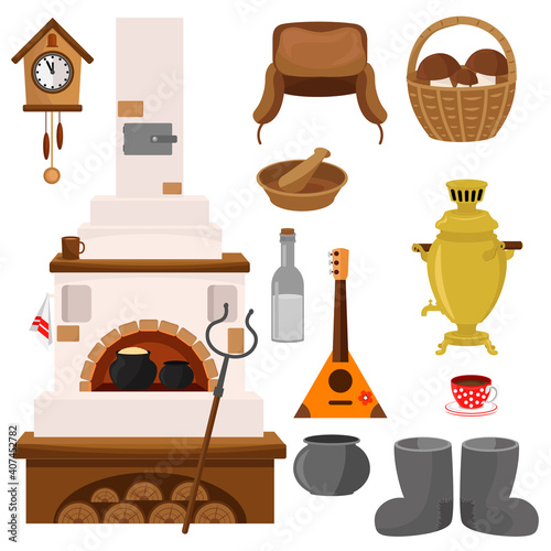 A large set of items of Russian traditional cuisine and household items. Vector illustration on a white background.