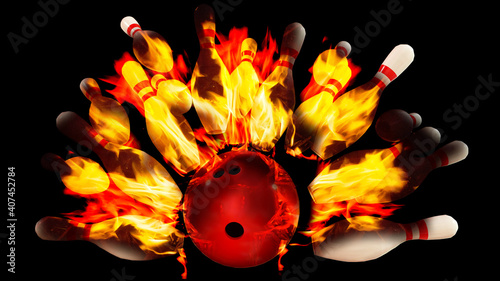 Fotografie bowling game shot strike ball flames, burning fire  winning  speed - 3d renderin