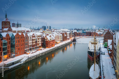Aerial view of the old town in Gdansk city at winter dawn  Poland