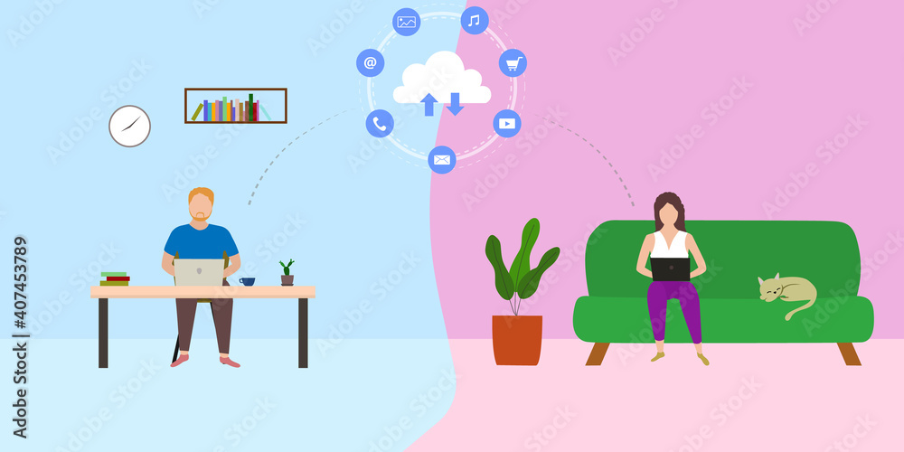 Plakat Vector of people using laptop work remotely from home. Illustration concept online cloud technology.